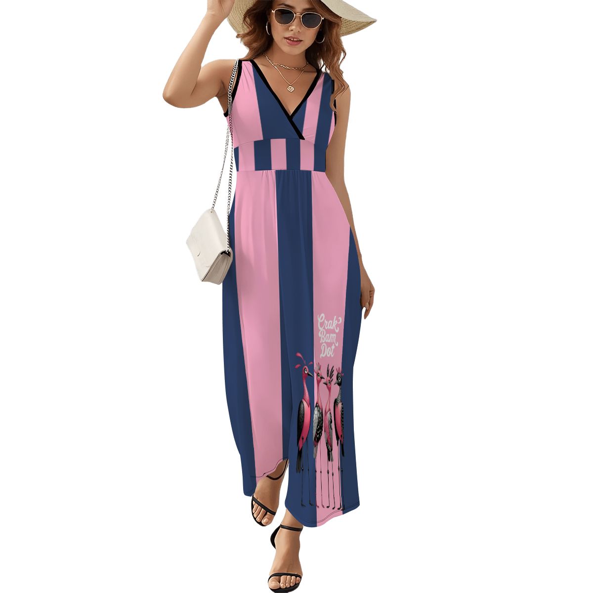 Preppy Navy Blue Pink Striped Mod Mahjong Summer Sleeveless Maxi Dress - Splash of Color Co.