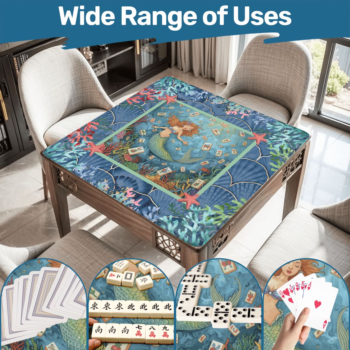 Mermaid Mahjong Mat, Sea Of Life Marbled Blue And Coral Reef - Splash of Color Co.