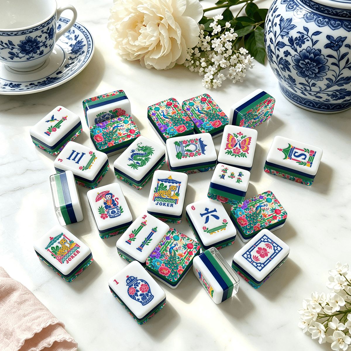 Peony & Peacock Chinoiserie Chic American Engraved Layered Mahjong Tiles - Splash Of Mahj And Color Co.