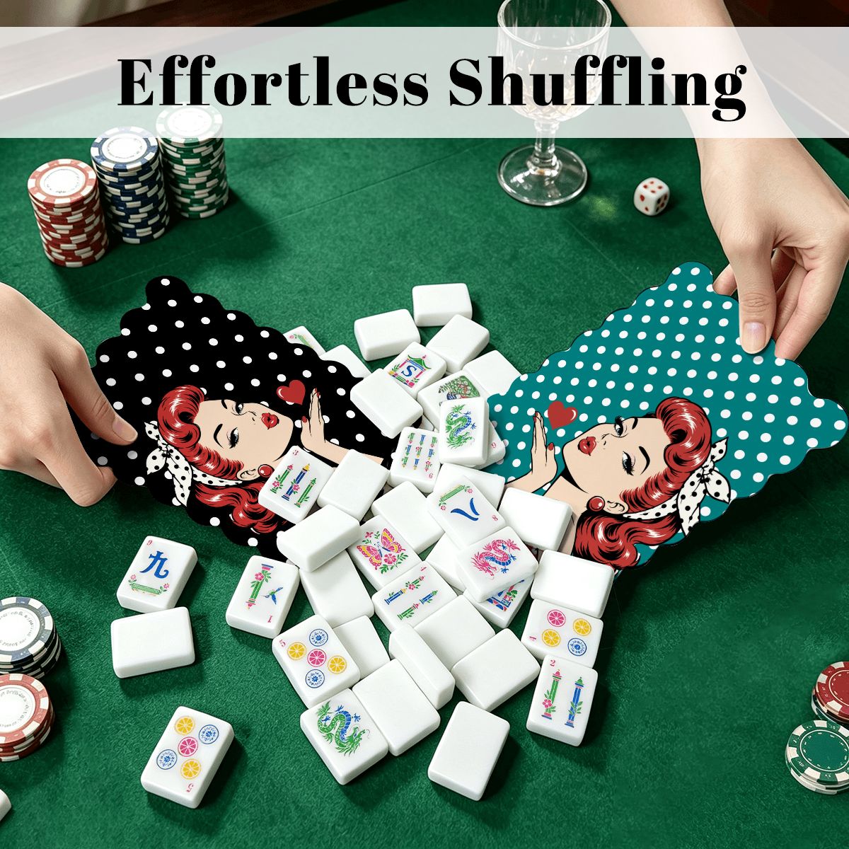 Black and Teal Polka Dot Nostalgic Scalloped Mahjong Shuffler Cards  Set of 4