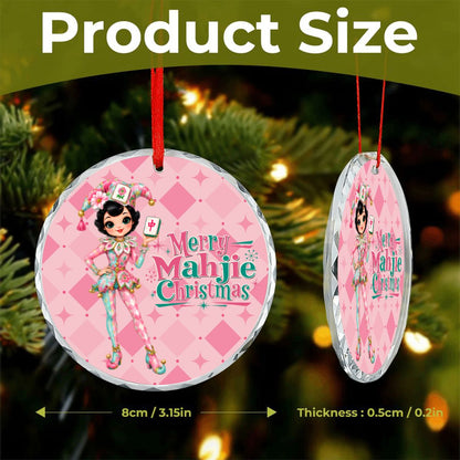 Merry Mahjie Christmas Pink Harlequin Round Glass Christmas Ornament