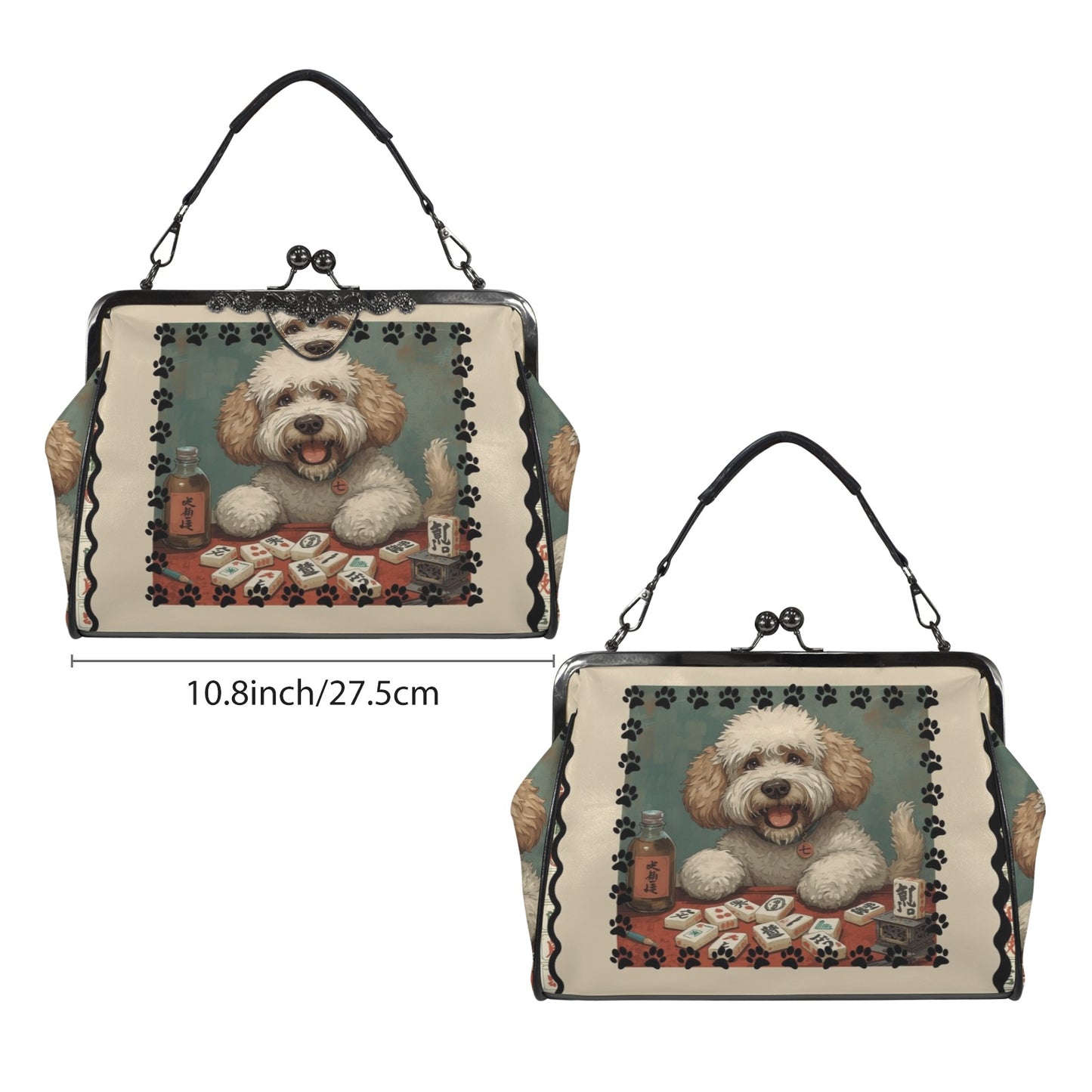 Mahjong Doodle Dog, Whimsical Vintage Style Kisslock Crossbody Shoulder Bag - Splash of Color Co.