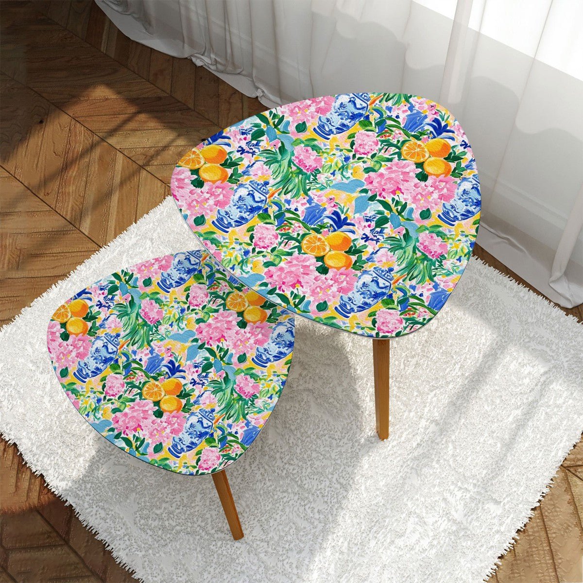 Citrus Fruit And Florals Asian Chinoiserie Triangle Modern Nesting Coffee Tables - Splash of Color Co.