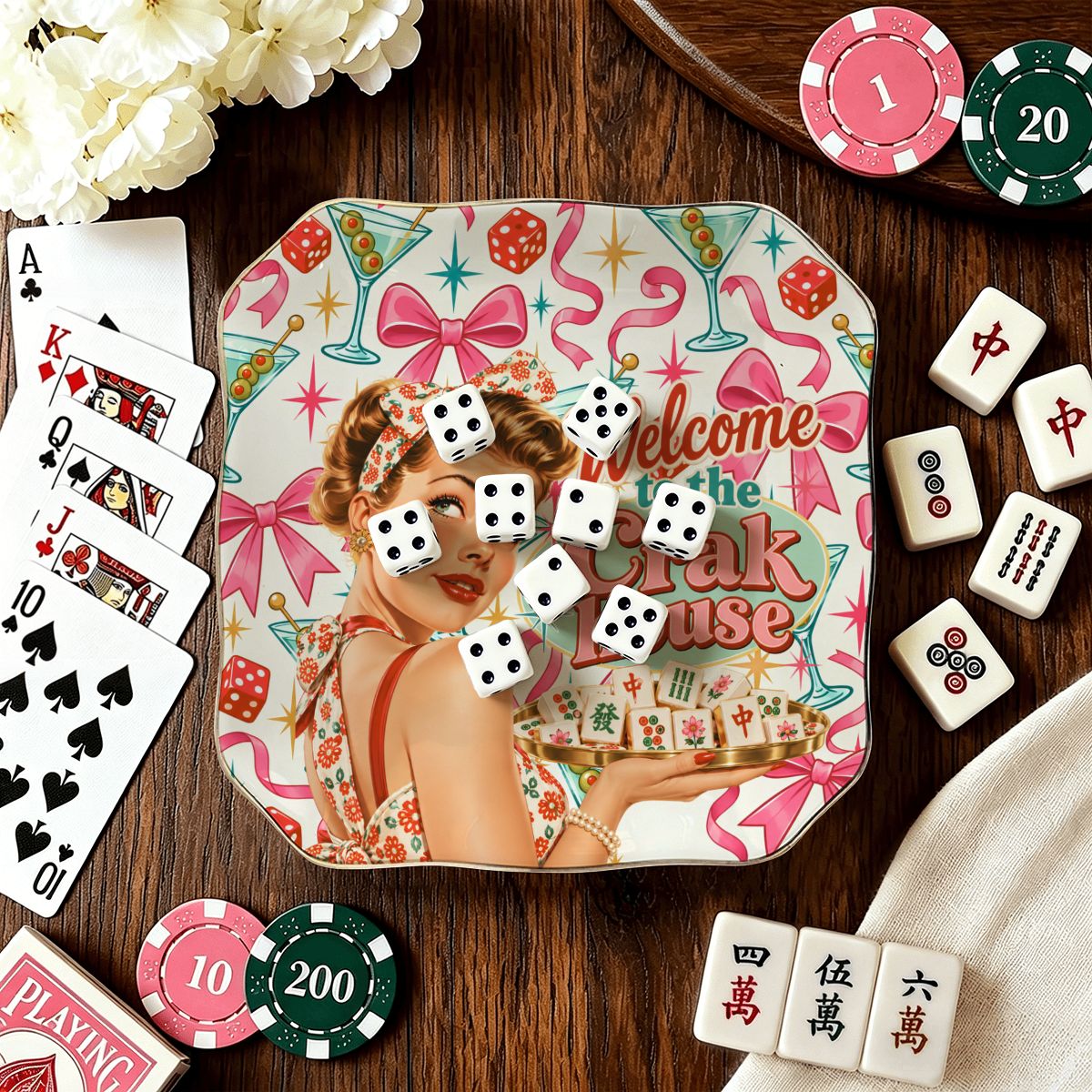 Funny Mahjong Scalloped Ceramic Mahjong Dice Tray Nostalgic Welcome To The Crak House - Splash Of Mahj And Color Co.
