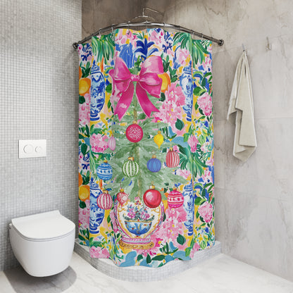 Chinoiserie Christmas Shower Curtain, Festive Floral Christmas Tree Design - Splash of Color Co.