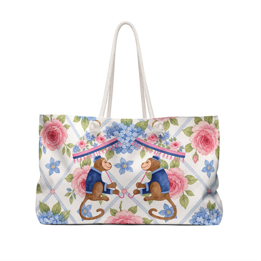 Vintage Watercolor Monkeys with Flowers Weekender Bag | Floral Travel Tote - Splash of Color Co.