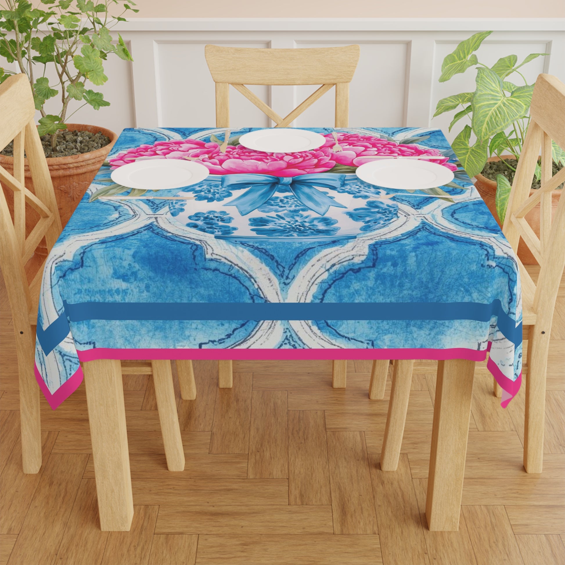 Blue Watercolor Asian Chinoiserie Tile Tablecloth With Pink Peonies - Splash of Color Co.
