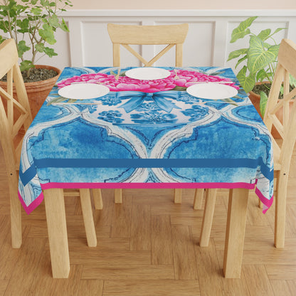 Blue Watercolor Asian Chinoiserie Tile Tablecloth With Pink Peonies - Splash of Color Co.