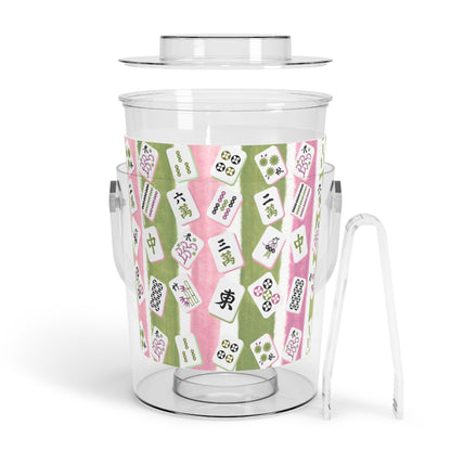 Mahjong Ice Bucket, Charming Ice Bucket with Tongs for Parties, Green Pink Striped Mahj Tiles Drink Cooler