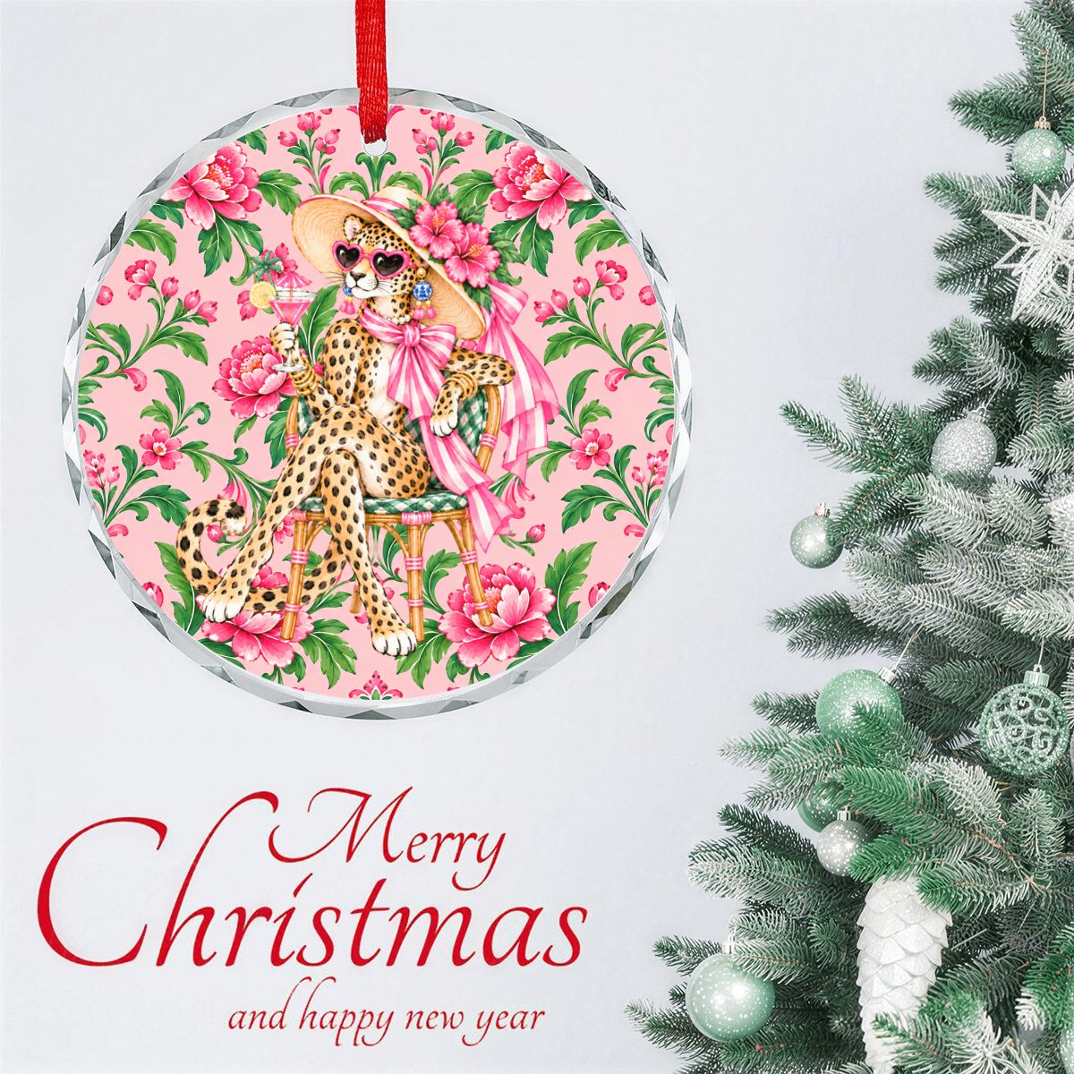 Glam Sipping Leopard Luxe Round Glass Christmas Ornament - Splash Of Mahj And Color Co.