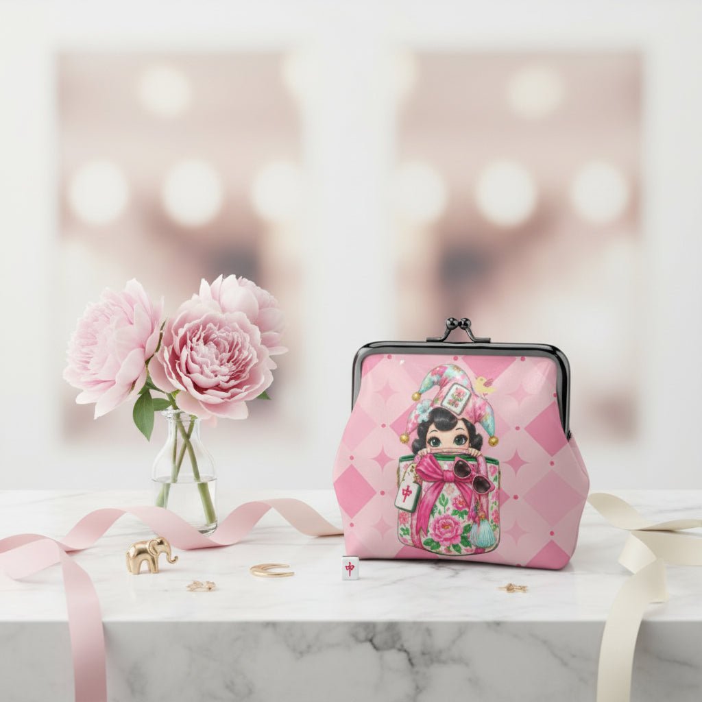 Mahjie The Mahjong Mascot Shopaholic Women's Leather Kiss Lock Coin Purse - Splash Of Mahj And Color Co.