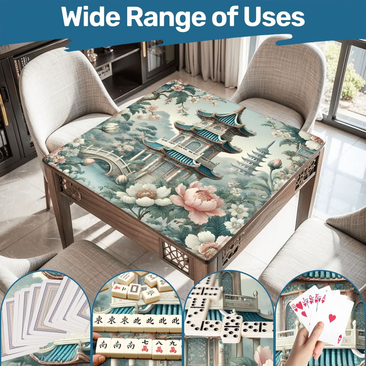 Asian Pagoda Gardens Chinoiserie Mahjong Mat - Splash of Color Co.