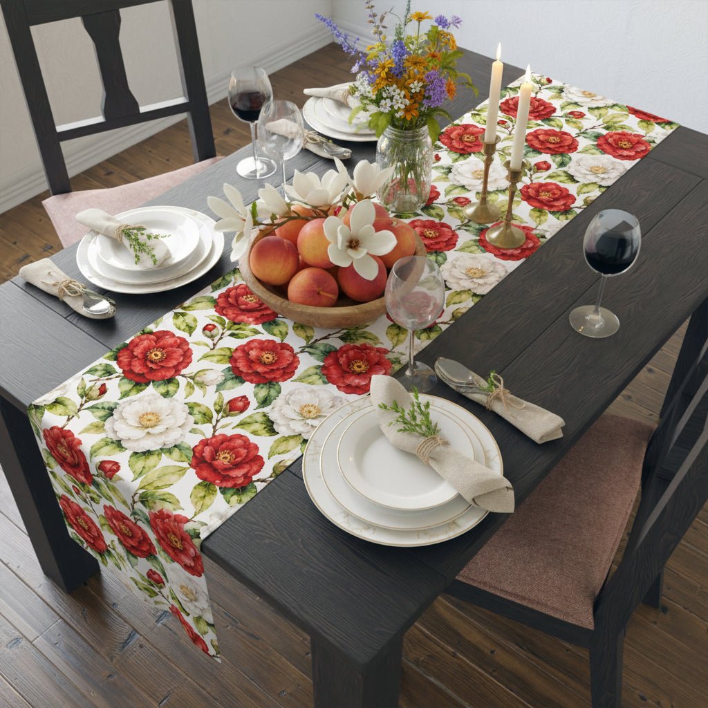 Red & White Camellia Floral Table Runner — Decorative Cotton - Poly Dining Accent - Splash Of Mahj And Color Co.