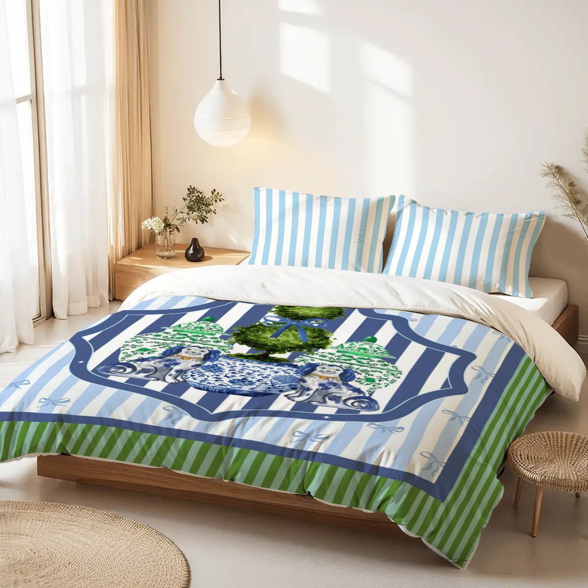 Chinoiserie Staffordshire Watercolor Dogs, Green Blue Preppy Queen Duvet Cover Set - Splash of Color Co.