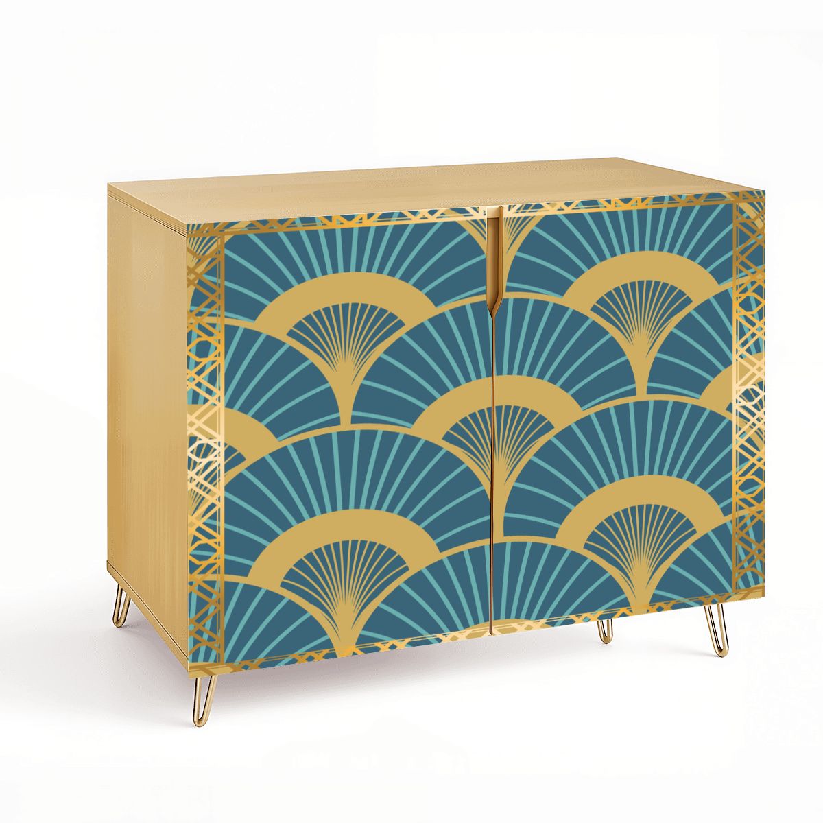 Golden Gilded Teal Art Deco Fan Pattern Modern Wooden Storage Cabinet - Splash of Color Co.
