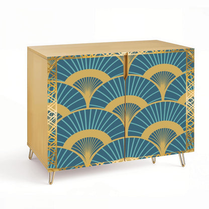 Golden Gilded Teal Art Deco Fan Pattern Modern Wooden Storage Cabinet - Splash of Color Co.