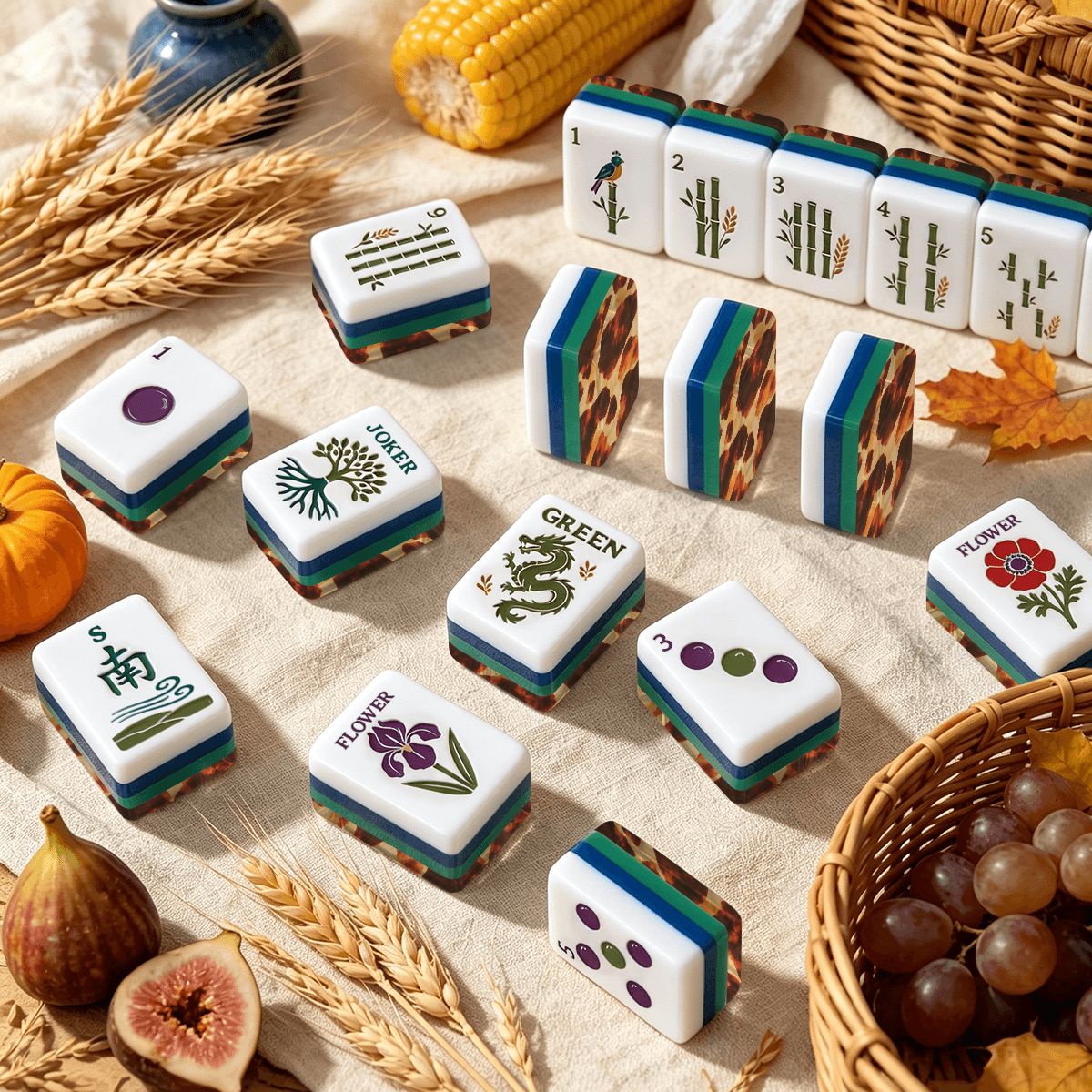 Tortoise Patterned Earthy Botanical American Mahjong Tiles With Carry Case - Splash Of Mahj And Color Co.