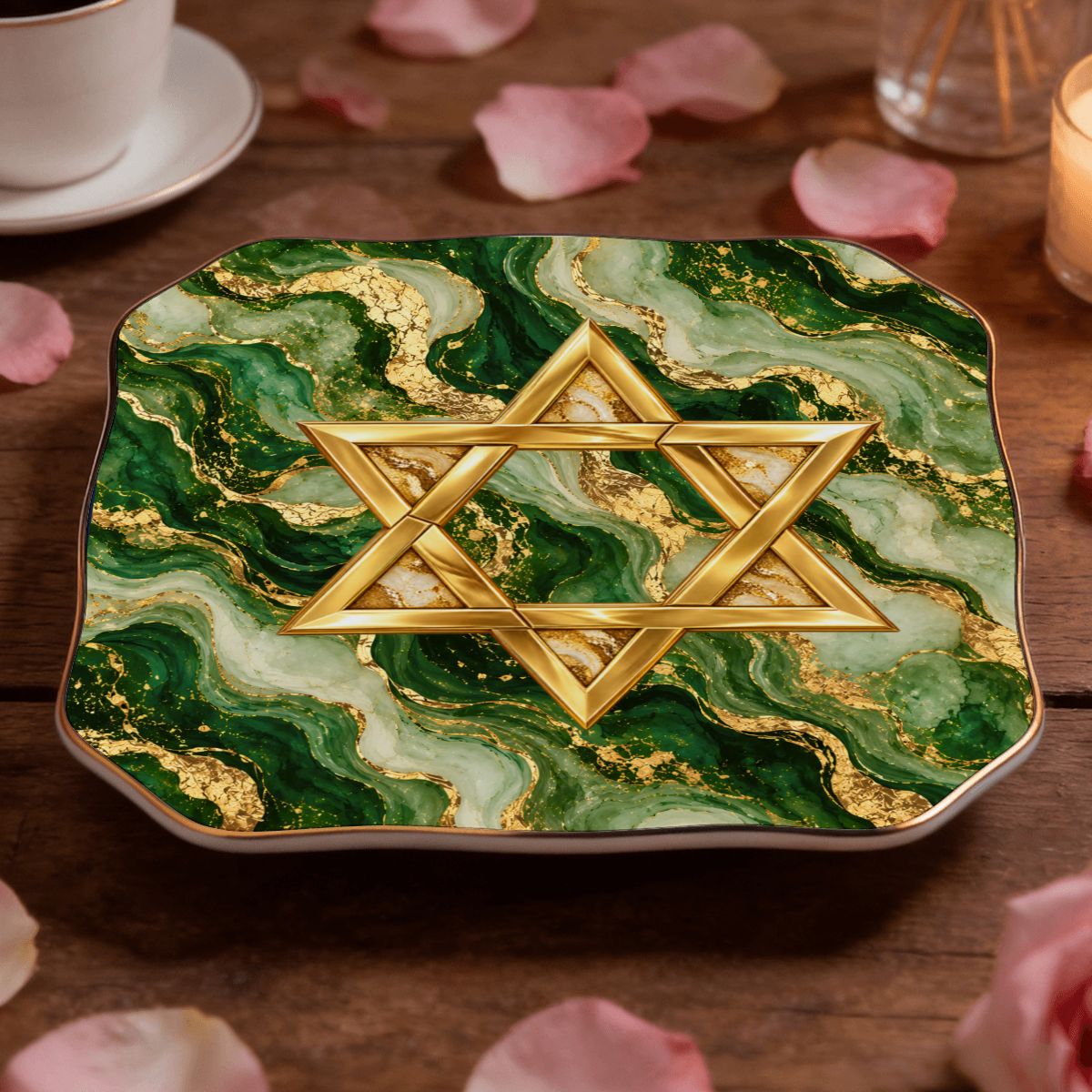 Gold Glitz Marbled Green Star Of David Scalloped Ceramic Mahjong Dice Tray - Splash Of Mahj And Color Co.