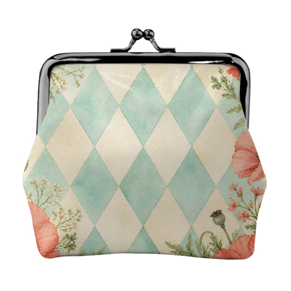 Harlequin Romance Floral Women's Leather Kiss Lock Coin Purse