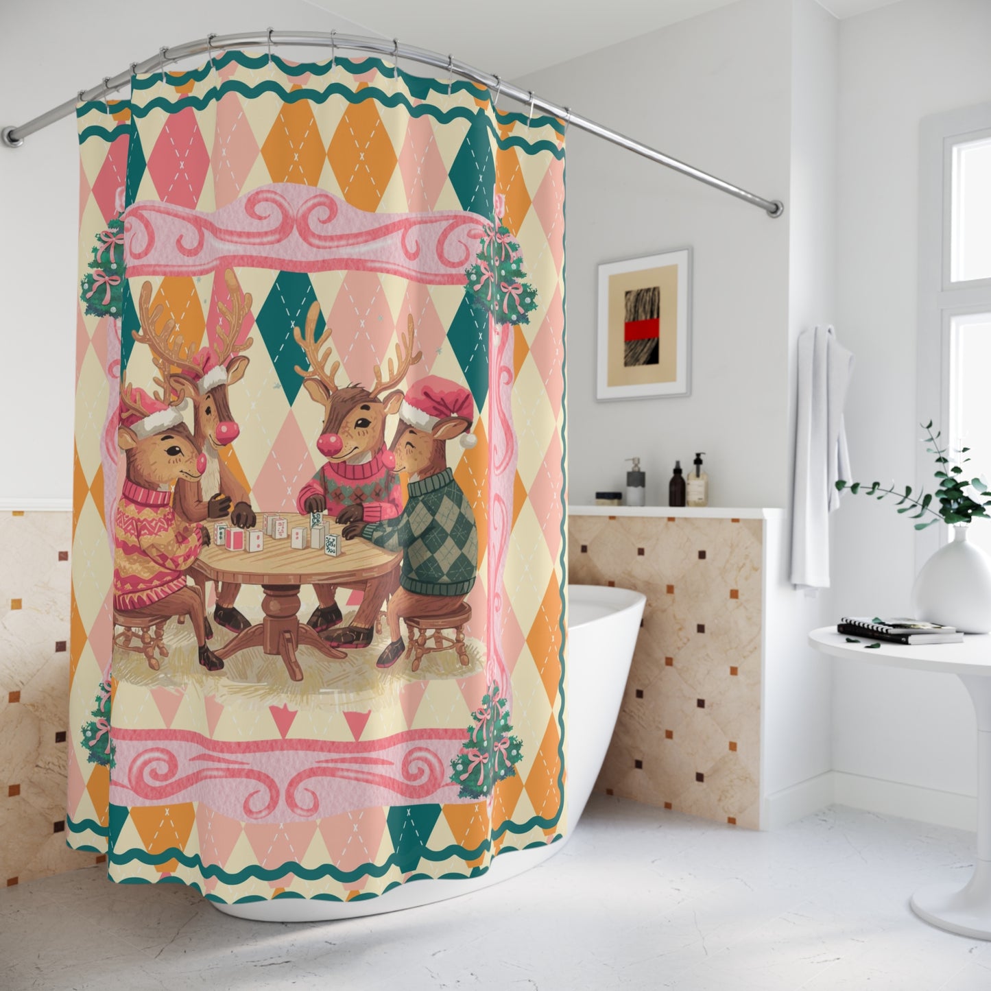 Mahjong Christmas Reindeer Shower Curtain, Festive Preppy Pastel Argyle Pattern