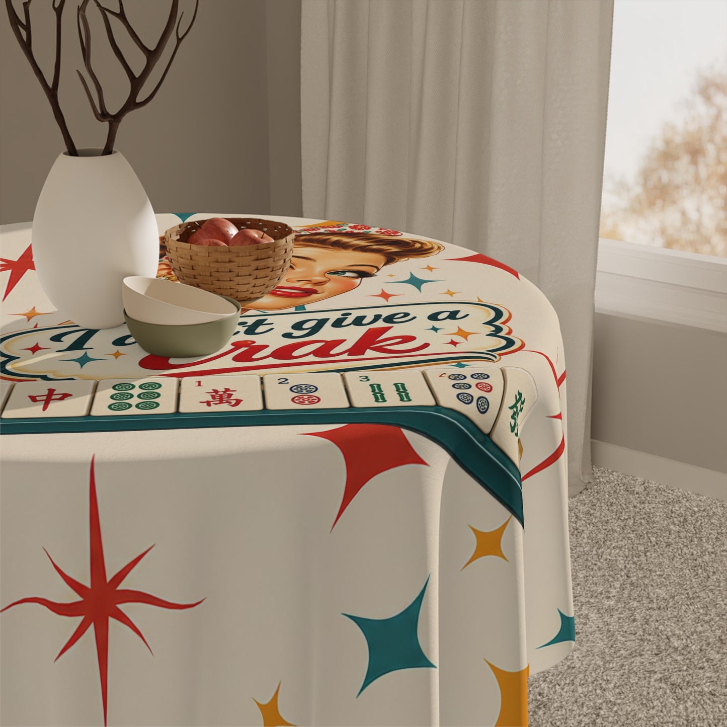 Funny Mahjong Tablecloth — “I Don’t Give a Crak” Vintage Pin-Up Game Night Table Cover