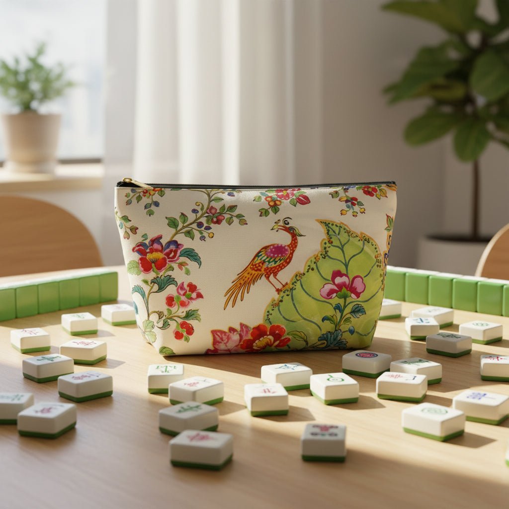 Tobacco Leaf Floral Bird Accessory Pouch — Chinoiserie Mahjong Tile Bag with T‑Bottom - Splash of Color Co.