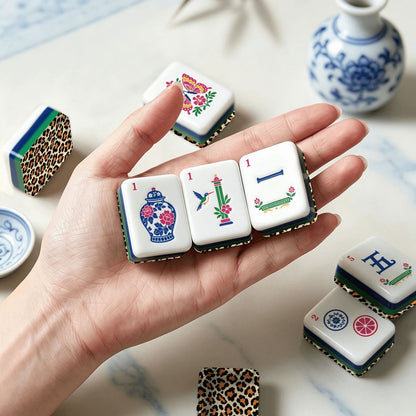 Wild Side Leopard Print Chinoiserie Chic American Mahjong Tiles And Carry Case - Splash Of Mahj And Color Co.