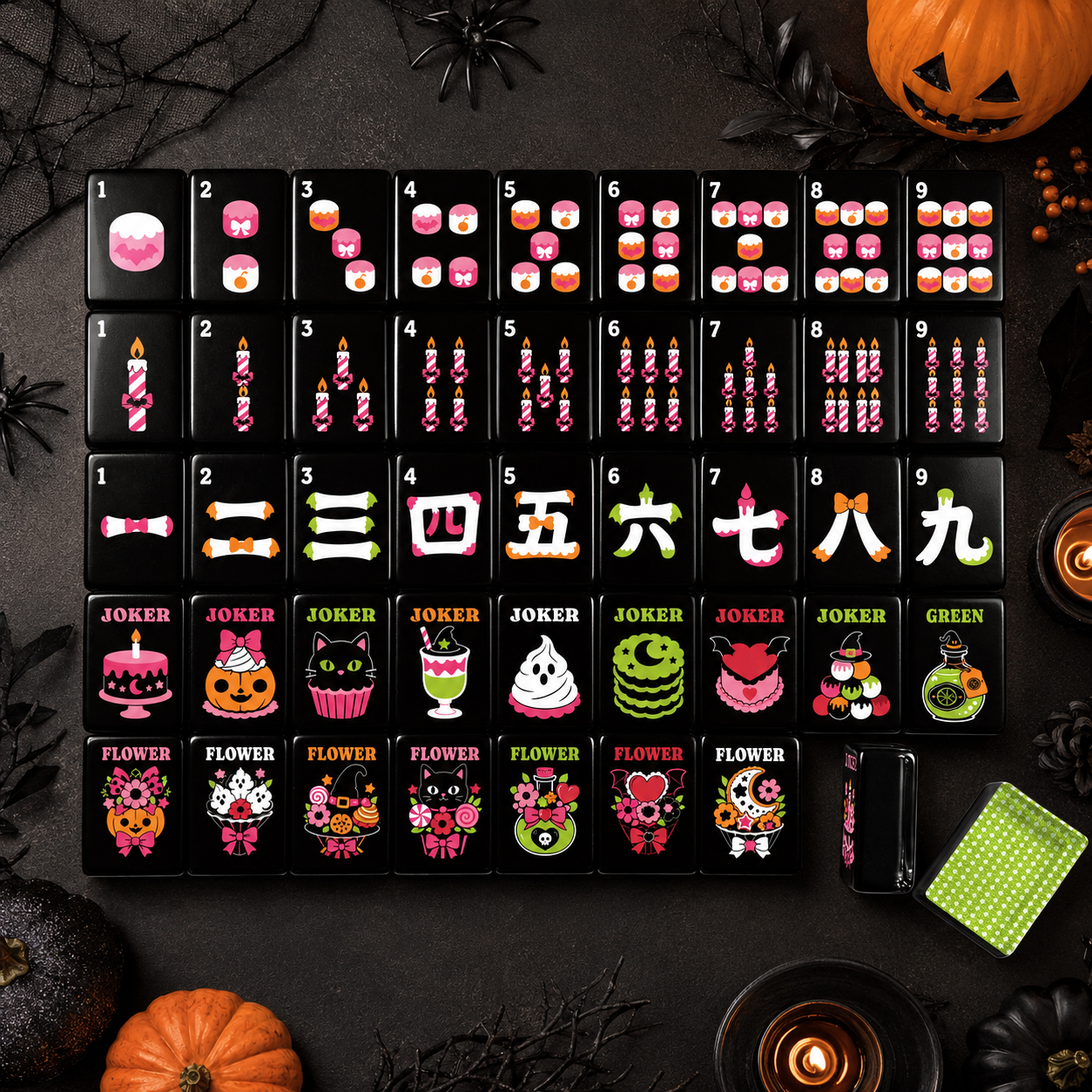 Limencello Cane Back Engraved Halloween Mahjong Tiles Gothic Dessert With Carry Case