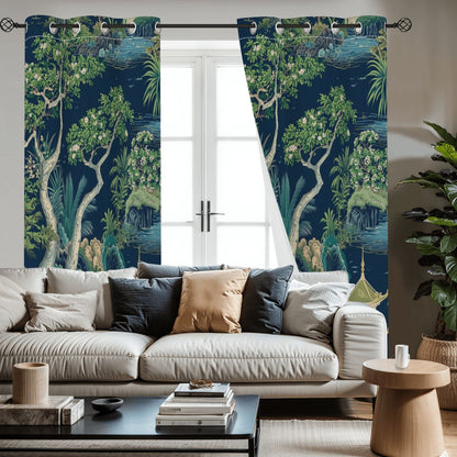 Asian Chinoiserie Royal Blue Zen Garden Pagoda Blackout Curtain Panels - Splash of Color Co.