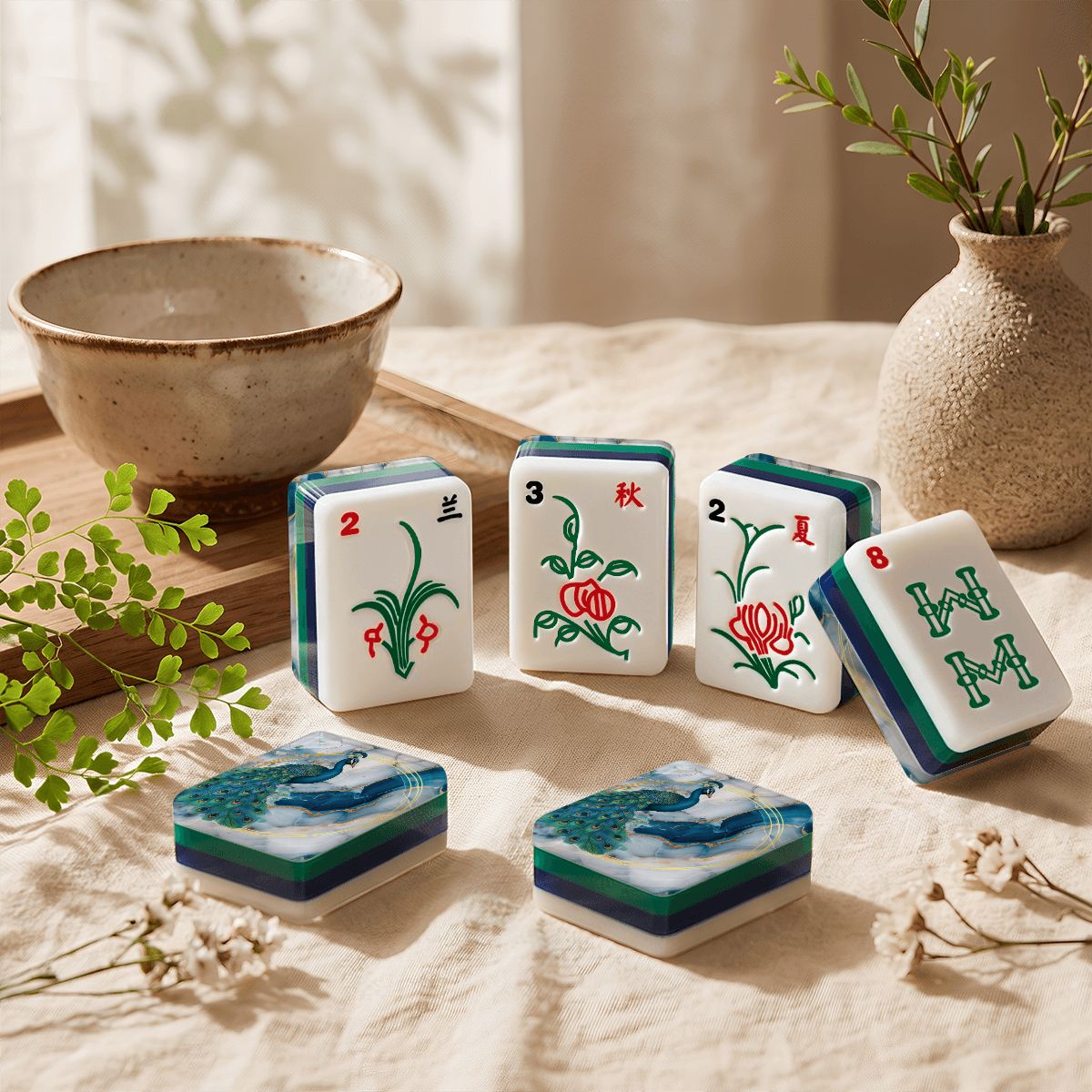 Elegant Floral Peacock 4Layer American Mahjong Tiles  Blue  Green With Carry Case