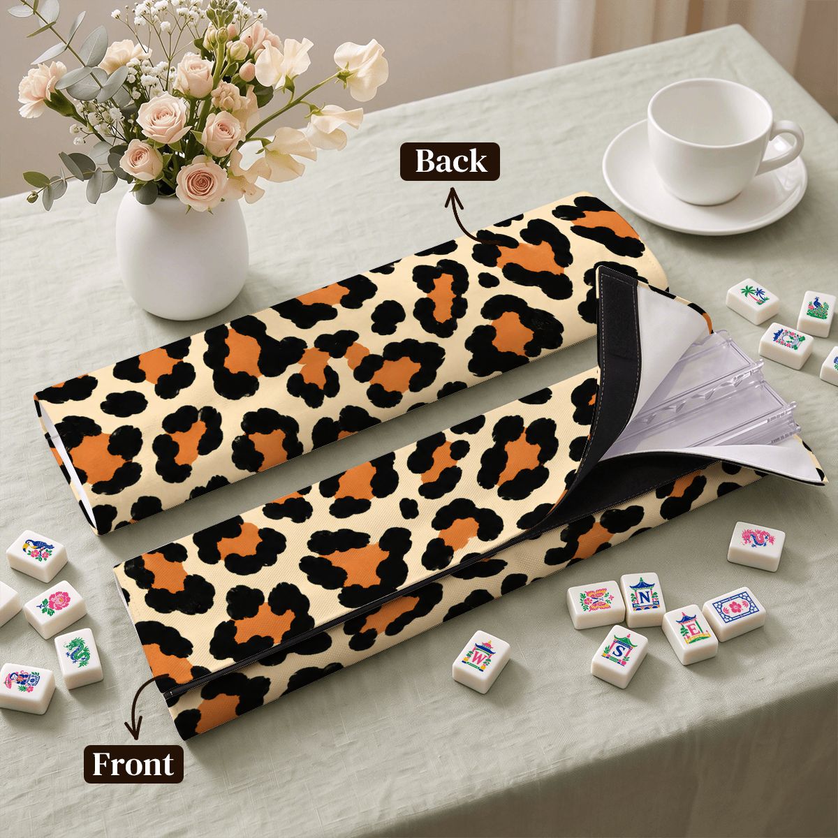 Leopard Print Bag Wrap Extended Mahjong Rack Set  4pcs Scalloped Pushers
