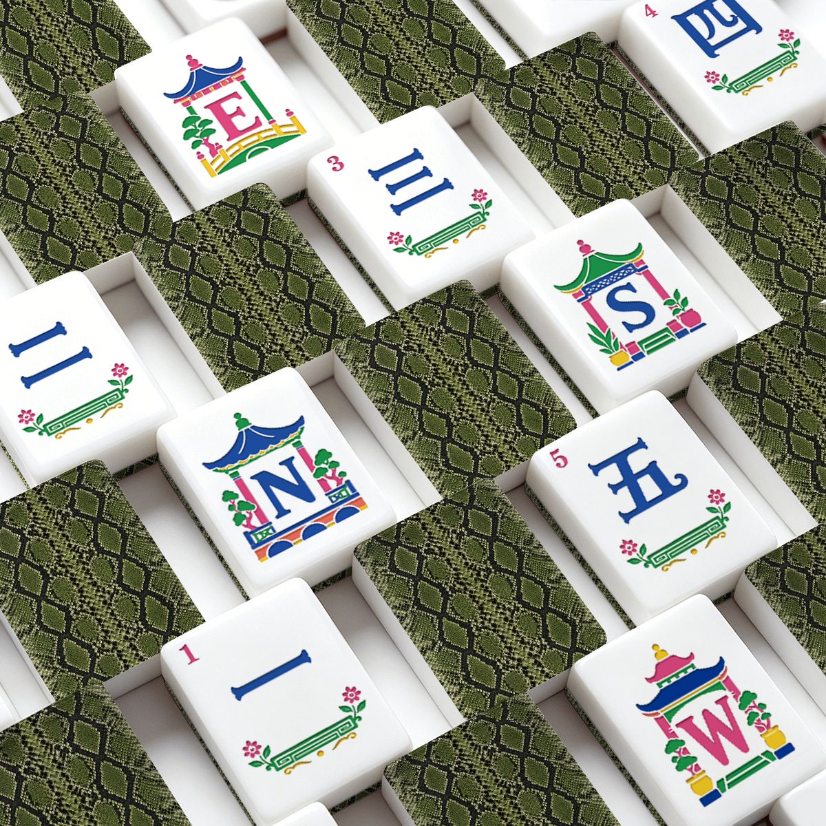 Snake Skin Green Chinoiserie American Mahjong Tiles And Carry Case