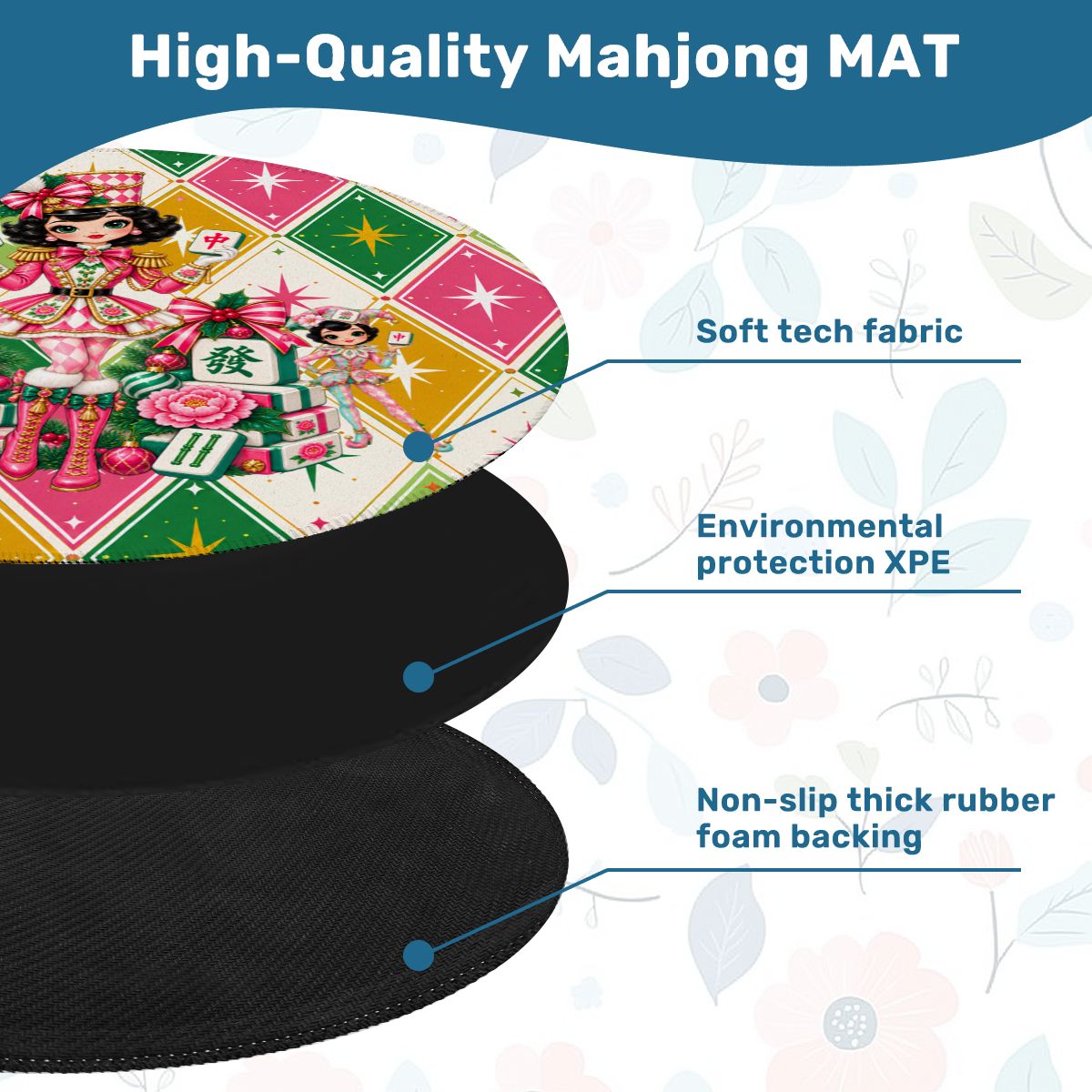 Harlequin Christmas Mahjie The Mascot Round Mahjong Mat - Splash Of Mahj And Color Co.