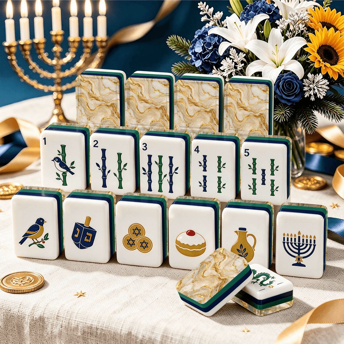 The Golden Chai Heritage Hanukkah Mahjong Tiles And Carry Case