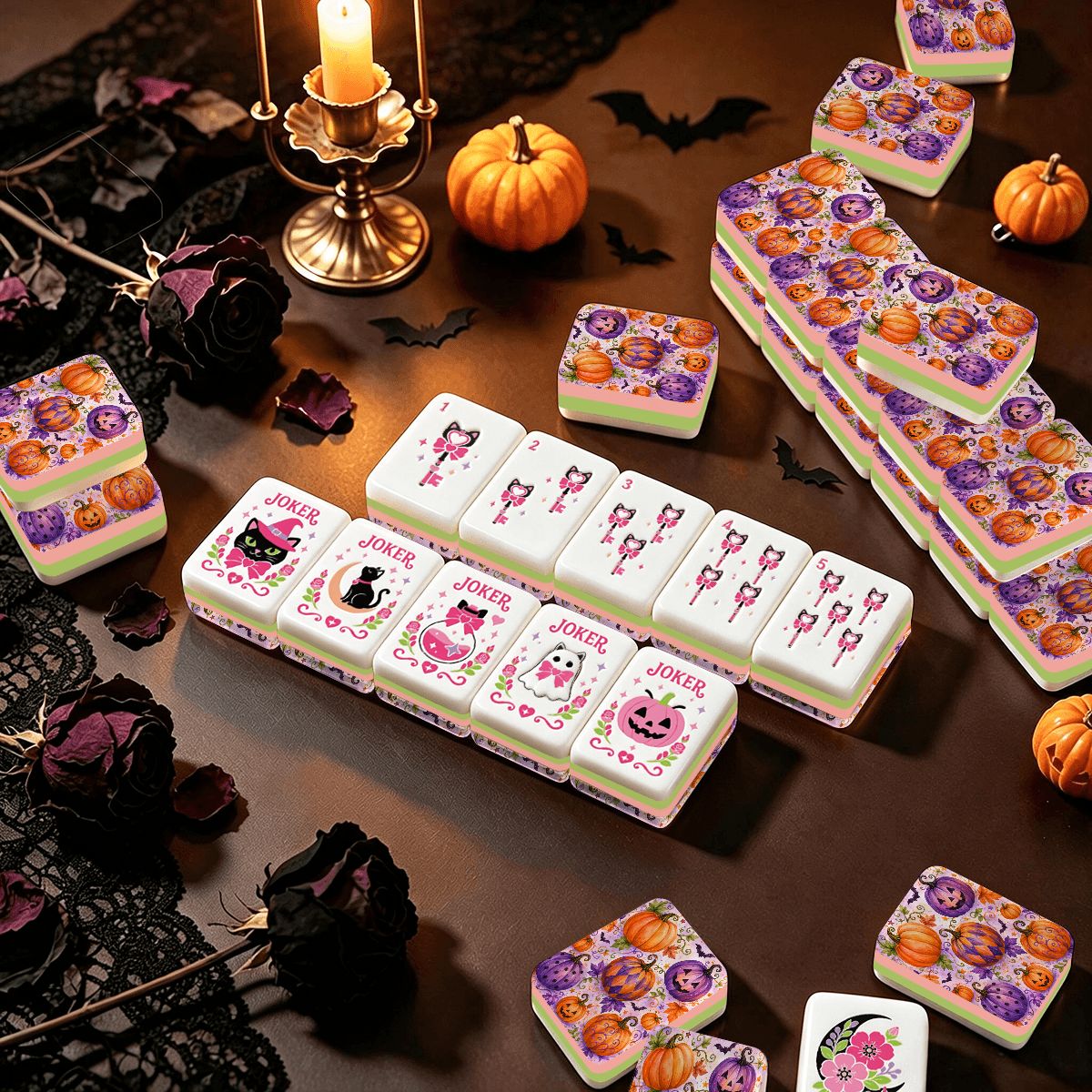 Pumpkins Brew And Witch's Layered Halloween Mahjong Tiles And Carry Case - Splash Of Mahj And Color Co.