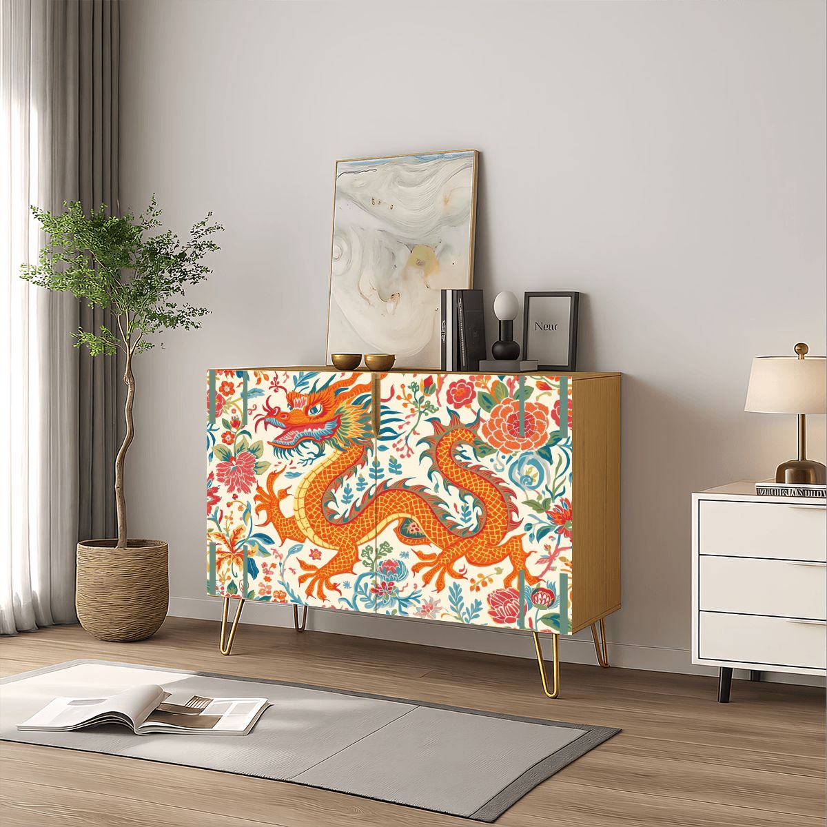 Asian Dragon Chinoiserie Orange Blue Green Modern Wooden Storage Cabinet - Splash of Color Co.