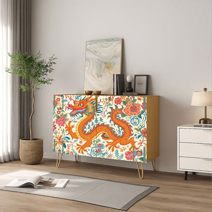 Asian Dragon Chinoiserie Orange Blue Green Modern Wooden Storage Cabinet - Splash of Color Co.