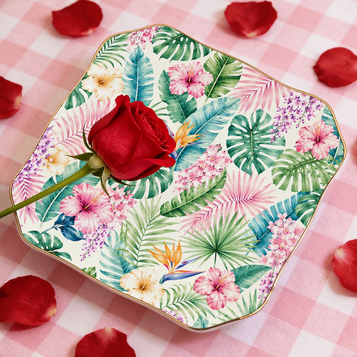 Pastel Jungle Scalloped Ceramic Mahjong Dice Tray