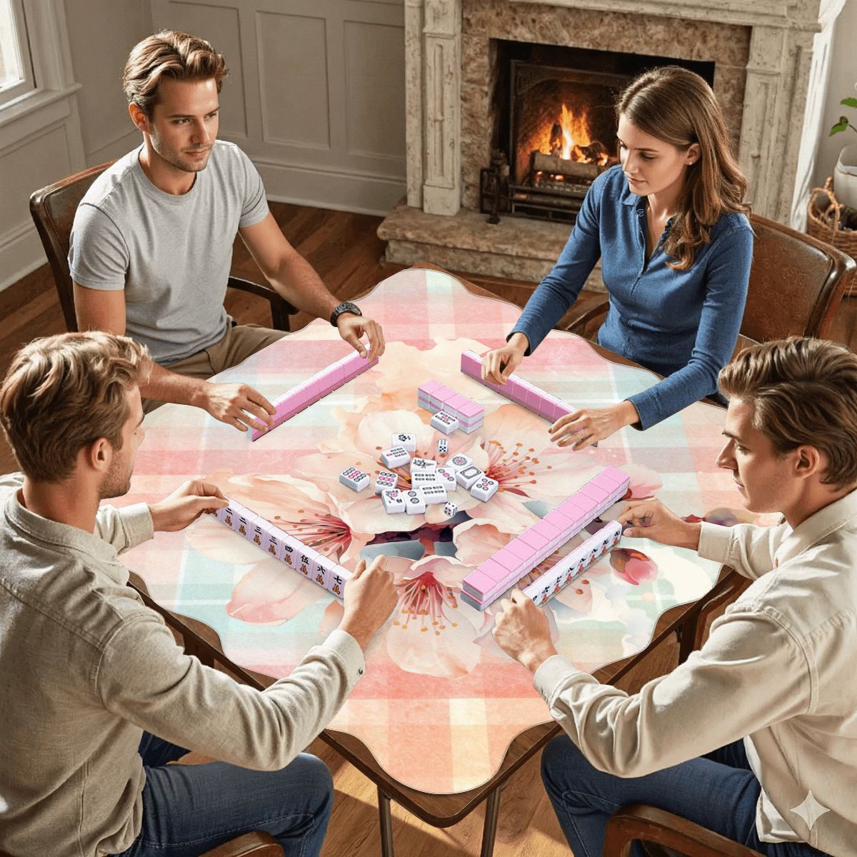 Spring Cherry Blossom Pretty Preppy Watercolor Scalloped Mahjong - Splash of Color Co.