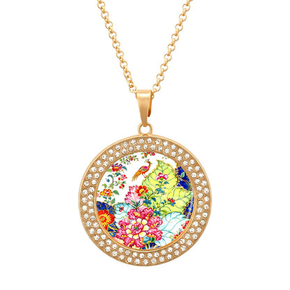 Tobacco Leaf Bam Bird Round Rhinestone Pendant Necklace