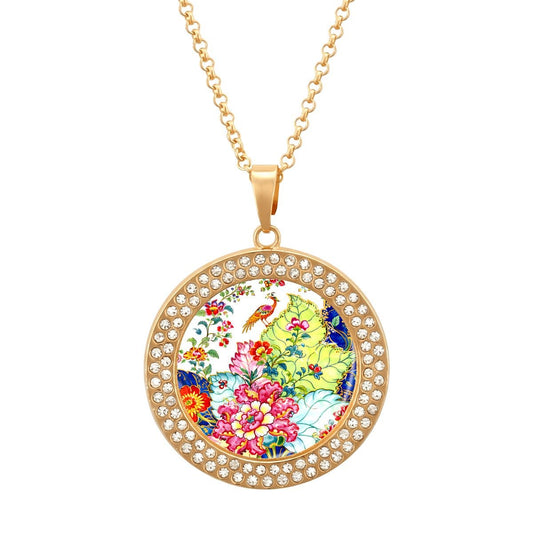 Tobacco Leaf Bam Bird Round Rhinestone Pendant Necklace - Splash Of Mahj And Color Co.