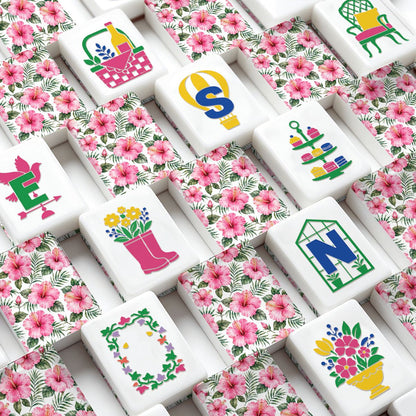Passion Pink Hibiscus Floral Garden Mahjong Tiles And Carry Case