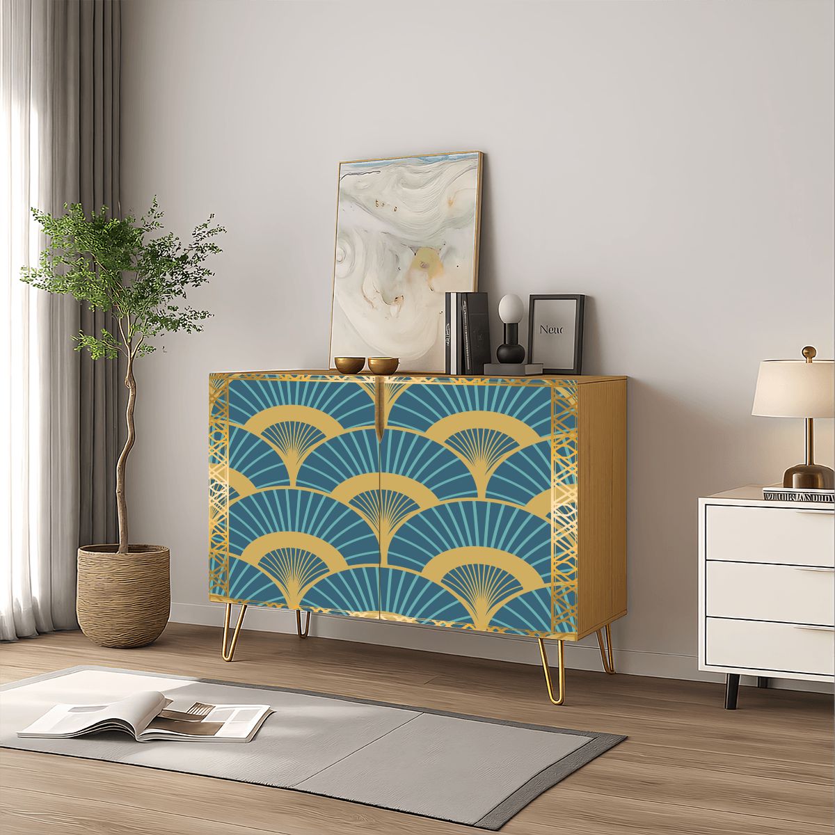Golden Gilded Teal Art Deco Fan Pattern Modern Wooden Storage Cabinet - Splash of Color Co.