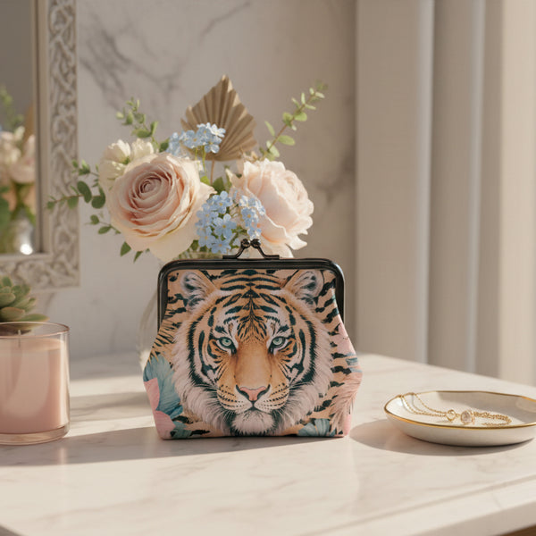 Eye of The Tiger Floral Print Women's Leather Kiss Lock Coin Purse