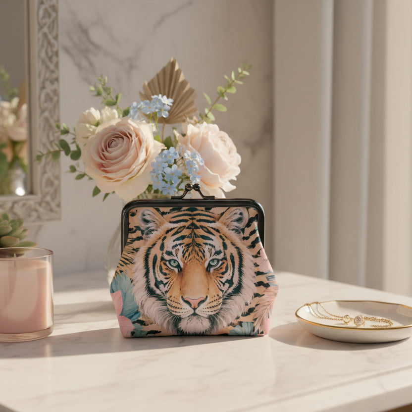 Eye of The Tiger Floral Print Women's Leather Kiss Lock Coin Purse