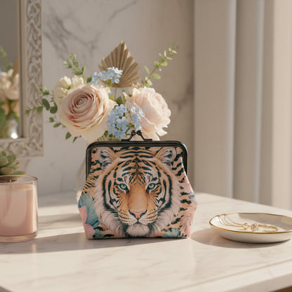 Eye of The Tiger Floral Print Women's Leather Kiss Lock Coin Purse