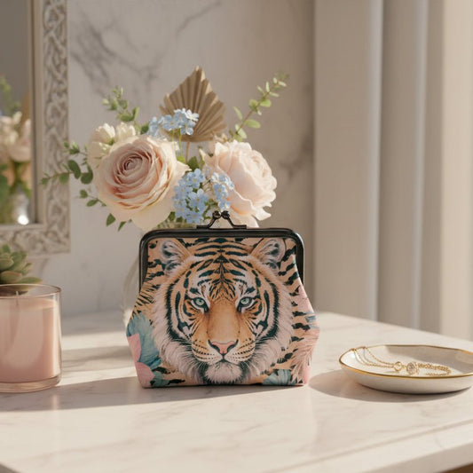 Eye of The Tiger Floral Print Women's Leather Kiss Lock Coin Purse - Splash Of Mahj And Color Co.