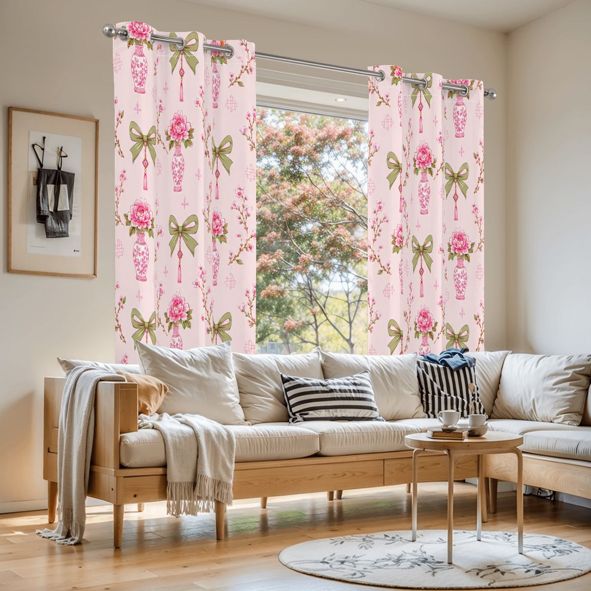 Pink Coquette Chinoiserie Mahjong Room Blackout Curtains