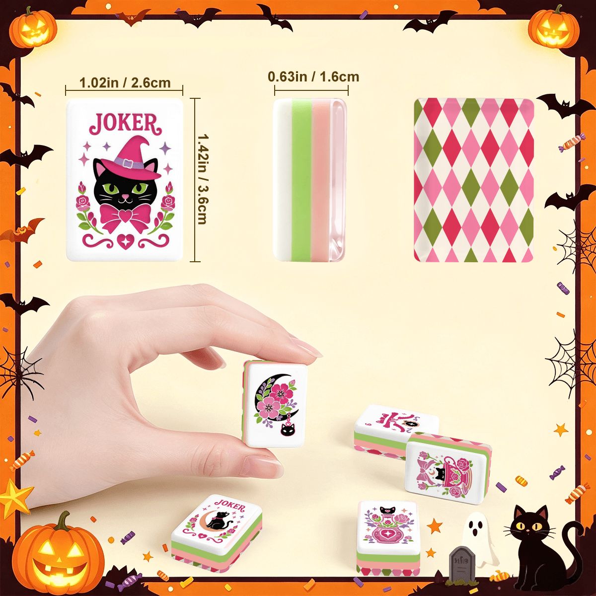 Harlequin Halloween Hot Pink, Green Witch's Familiar Engraved Layered Halloween Mahjong Tiles