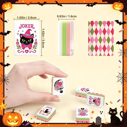 Harlequin Halloween Hot Pink, Green Witch's Familiar Engraved Layered Halloween Mahjong Tiles